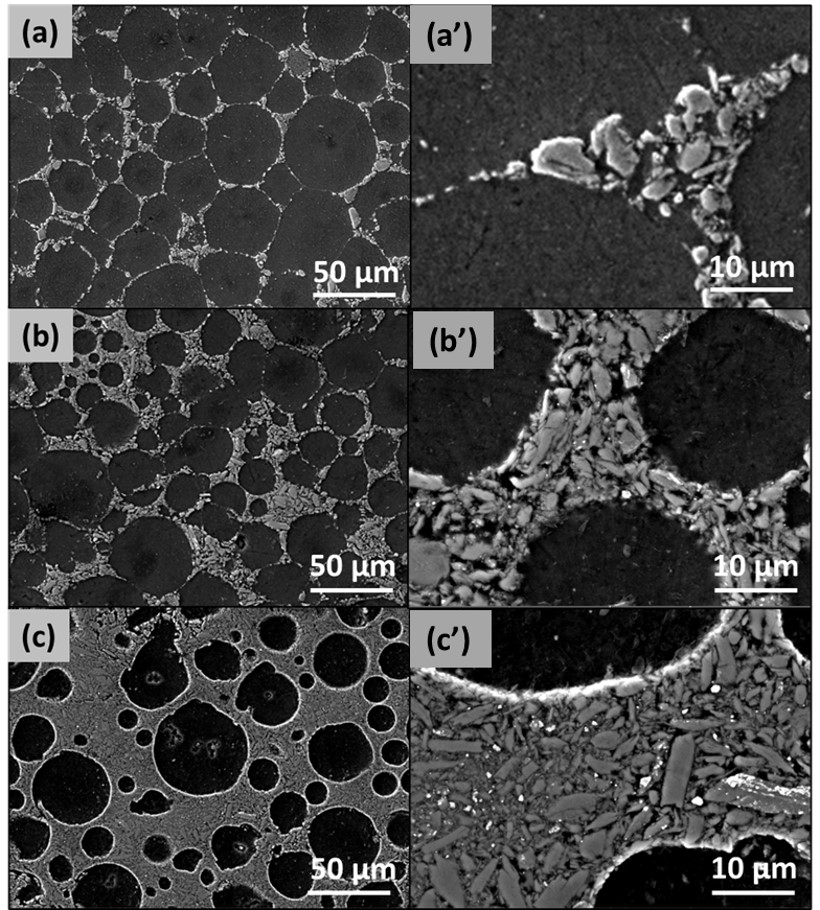 Fig. SEM images of the composites with different Ti3AlC2 volume fractions: (a, a’) 5%, (b, b’) 10% and (c, c’)30% in SE mode. (a’, b’, c’): Zoom out on an AZ91 powder grain boundary with a cluster of MAX micro-grains.